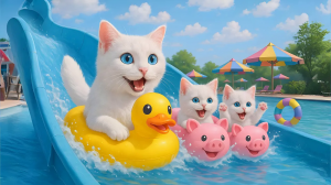 Первая водная горка котенка - веселая 3D-анимация