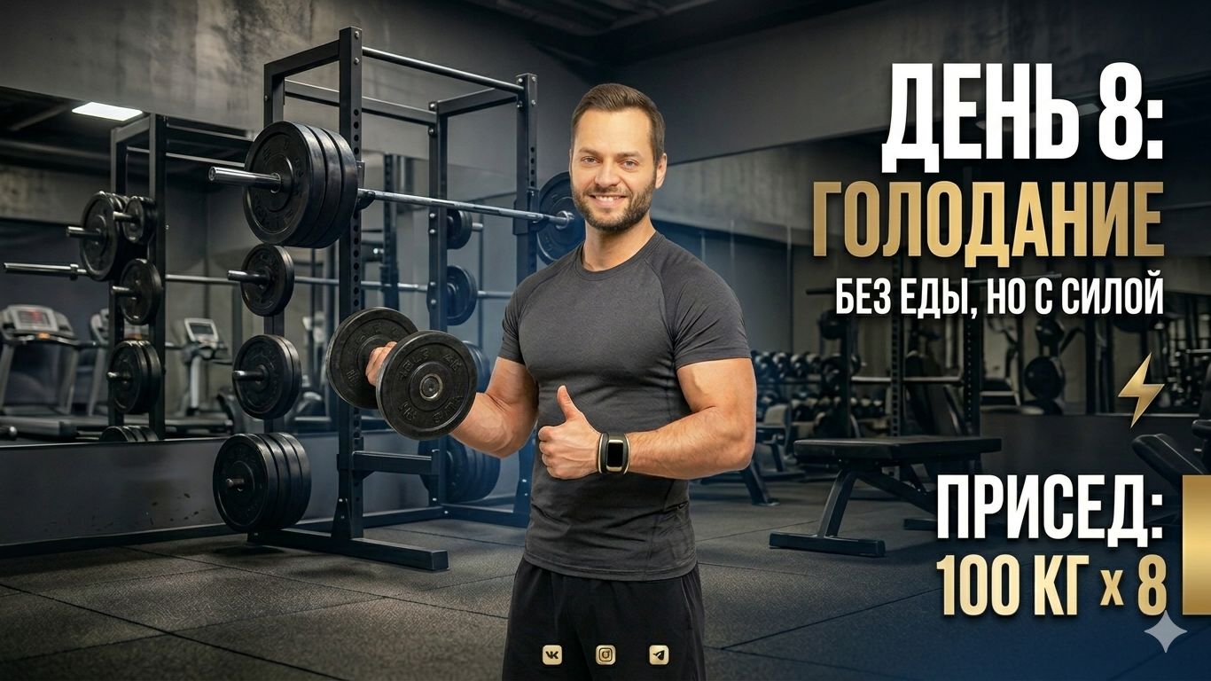 🚀 8-й день голодания. Снаружи — ноль калорий. Внутри — 100 кг на штанге!