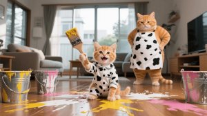 Игривый рыжий котёнок покрывает дом краской — мама-кошка присоединяется к украшению стен 🎨🐱
