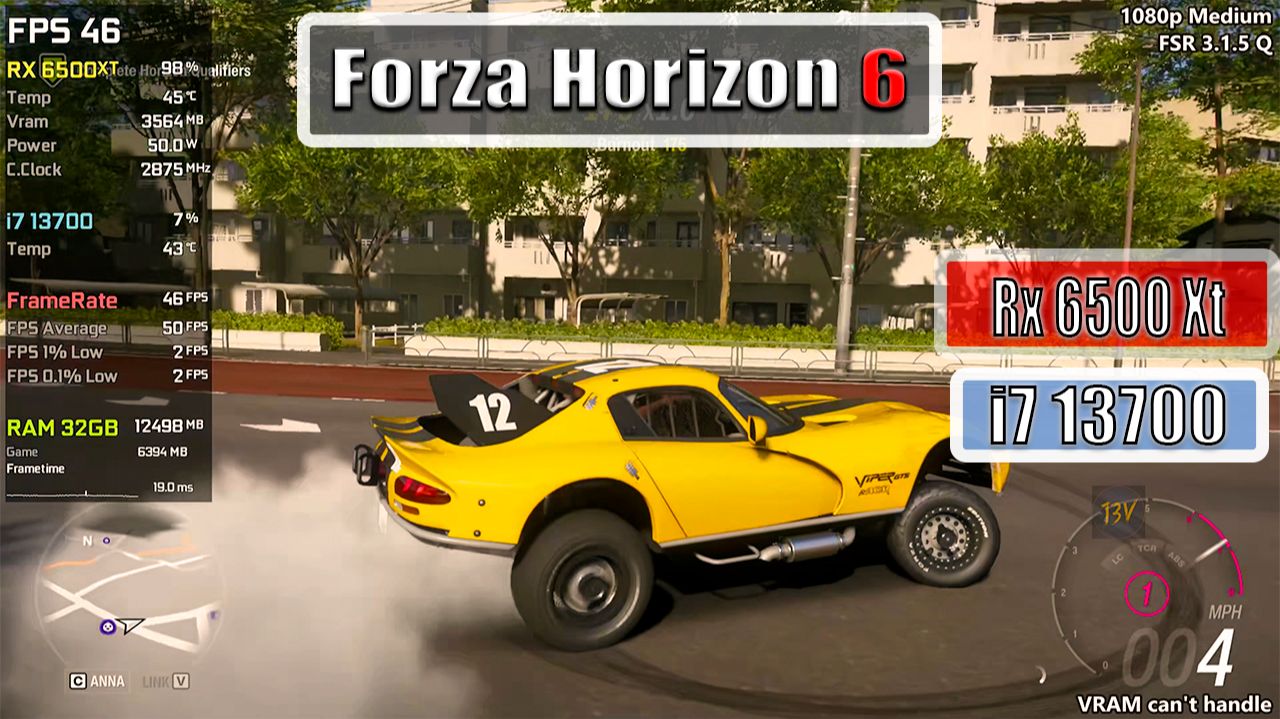 Rx 6500 Xt +  i7 13700  Forza Horizon 6 - 4K, 1440P, 1080P, Fsr 3.1.5 - Ultra, High, Medium, Low