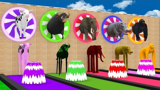 Игра «Длинный слайд» с коровой, слоном, гориллой, бегемотом, тигром. Забавная 3D-игра с животными
