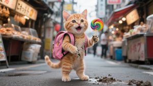 Рыжий котёнок ест упавший леденец, а мама-кошка под дождем отнесёт его к ветеринару🌧️🍬
