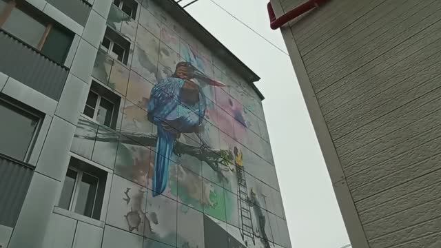 В парке Беседка. На стене Синяя птица. Одуванчик