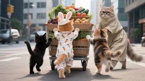 Котенок получает награду за то, что помог бабушке-кошке толкать тележку, а мама-кошка готовит вкусны