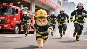 Рыжий котенок тренируется как пожарный🚒 Мама-кошка гордится спасением кролика🧑🚒🐇