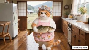 Рыжий котенок помогает дедушке-коту собирать солому и готовит соломенные грибы вместе с бабушкой-кош