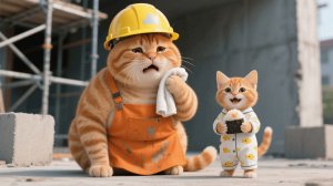 Мама-кошка усердно работает на стройке, чтобы купить школьные принадлежности, а рыжий котенок готови