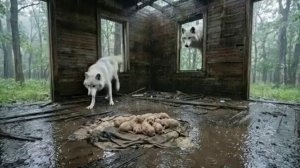 Спасение собаки матери и щенков от волков во время бури.
