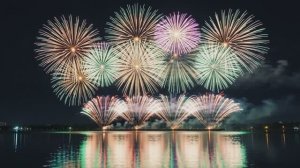 Волшебный фейерверк над водой 🎆✨ Отражения в волнах 🌊 Сделано в AI.