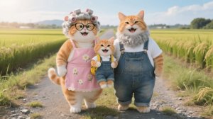 Рыжий котенок навещает бабушку и дедушку-кошку во время сбора урожая — наслаждается деревенской едой