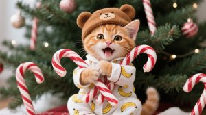 Рыжий котенок хочет украсить елку, поэтому мама-кошка учит ее делать леденцы 🎄🍭