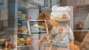 Рыжий котенок и мама-кошка готовят жареную индейку, чтобы отпраздновать Новый год с папо