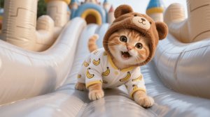 Рыжий котенок и мама-кошка выиграли надувной замок своей мечты, выпив вместе газировку 🏰🐾