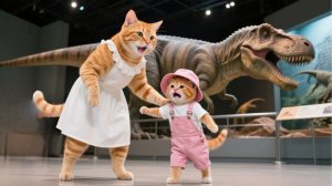 Рыжий котенок знакомится с динозавром и мамой-кошкой 🙀🦖 #AI-кошачье видео