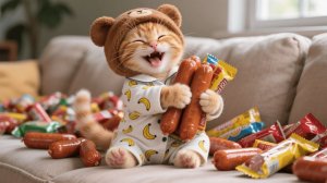 Счастливый рыжий котёнок!Когда ей захотелось сосисок, бабушка-кошка прислала ей целую коробку 🎁🐱