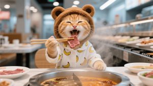 Рыжий котенок и мама-кошка наслаждаются тушеным мясом с конвейерной лентой, чтобы согреться этой зим