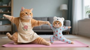 Бедная мама-кошка работает до изнеможения, а рыжий котёнок помогает ей с йогой 😿💖
