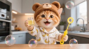 Рыжий котенок заинтересовался пузырьками — мама-кошка учит его делать мыльные пузыри 🫧🐾