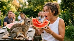 Человек ест арбуз а из него вылезает заец