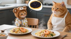 Рыжий котенок настаивает на том, чтобы попробовать икру, но понимает, что ничто не сравнится с домаш