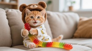 Рыжий котёнок грустит, когда муравьи едят её мармеладного червяка — мама-кошка делает для него ещё б
