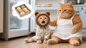 Рыжий котёнок расстраивается, когда муравьи отбирают его моти, поэтому мама-кошка готовит для неё св