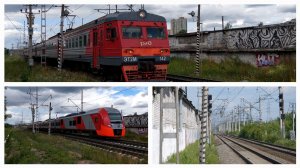 ЭТ2М и Ласточка на железнодорожном переезде в Санкт-Петербурге