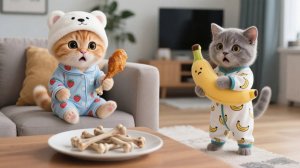 Рыжий котенок обожает жареную курицу🍗, мама-кошка готовит его, чтобы котенок поделился с друзьями❤️
