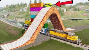 Машины и поезда против выпуклого моста, уступа и железной дороги ▶️ BeamNG Drive
