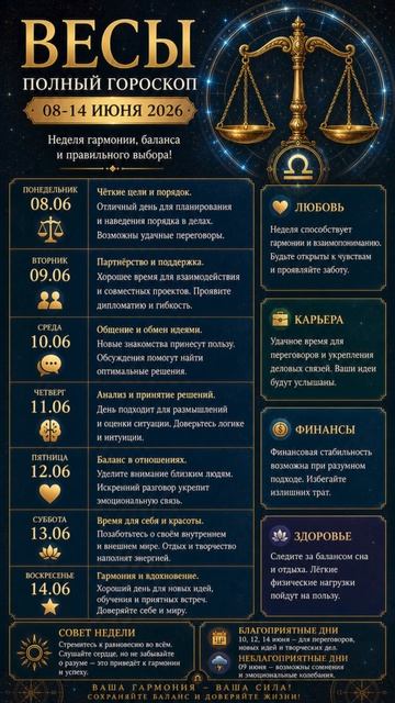 Весы. Полный гороскоп на 08-14 июня 2026