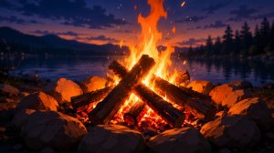 Огонь в костре ночью — спокойный фон для отдыха