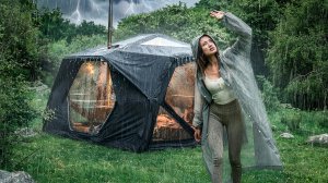 Karina Camp - Camping In Heavy Rain Turned Into Hail Cozy Tent, Wood Stove & Fluffy Cats