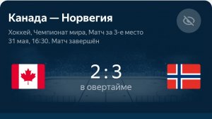 Хоккей. Чемпионат мира 31.05.2026г. Матч за 3-место. Канада - Норвегия