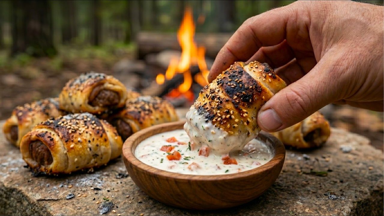 Примитивное приготовление Кусочки стейка, завернутые в бекон, в тесте, запеченном в золе