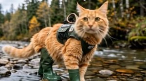 Кошка в болотниках идёт по реке