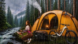 ⛈️ НОЧЁВКА В ПАЛАТКЕ ПОД СИЛЬНЫМ ДОЖДЁМ. Рыбалка и приготовление форели. Вело-трип в диком лесу