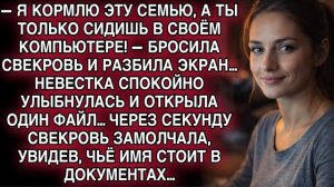 «ТЫ НИЧЕГО НЕ ДЕЛАЕШЬ!» — СВЕКРОВЬ РАЗБИЛА ЭКРАН… Я ОТКРЫЛА ФАЙЛ — И ОНА ЗАМОЛЧАЛА…