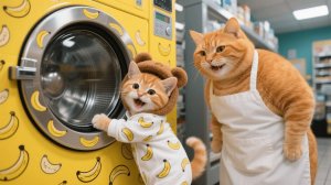 Стиральная машина сломалась# котенок Рыжий и кошка-мама подрабатывают в прачечной, чтобы купить нову