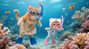 Мама-кошка берет рыжего котенка на пляж жарким летом 🐱🥵🌊