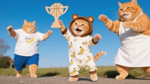 Рыжий котёнок не выиграл баскетбольное соревнование, но у мамы и папы-кота всё ещё есть трофей 🐱🏆
