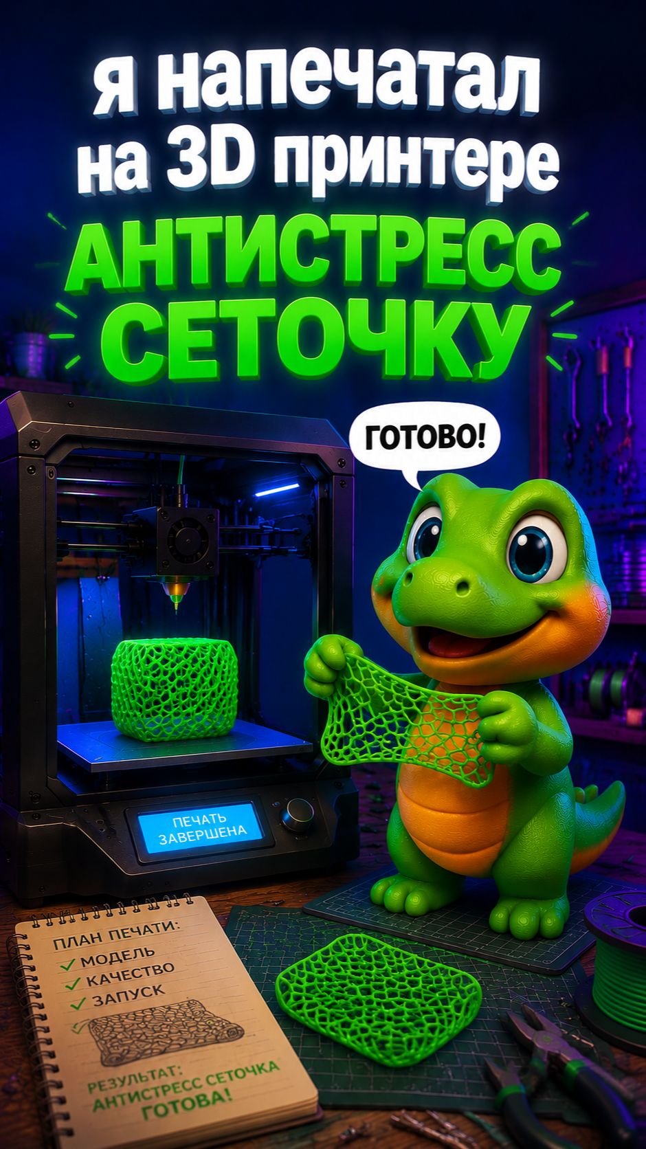 Я напечатал на 3D принтере антистресс сеточку
