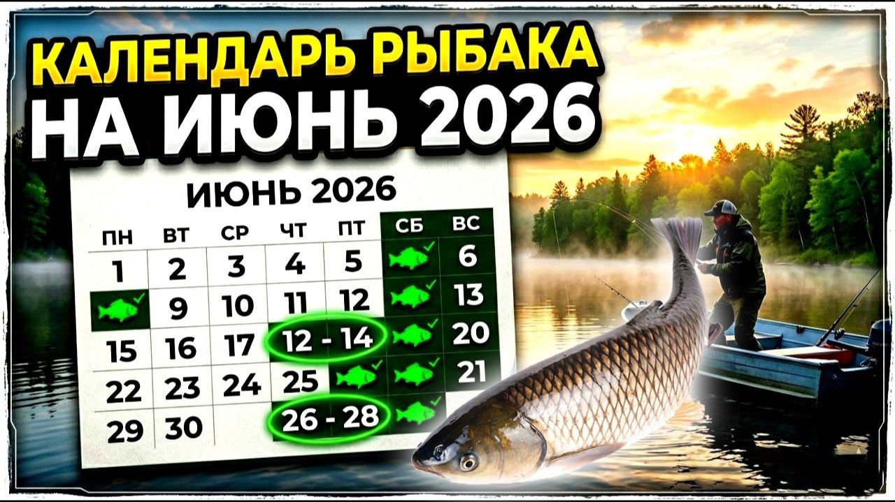 Прогноз клева рыбы на ИЮНЬ 2026 года. Лунный календарь рыбака. Календарь рыбака на ИЮНЬ 2026