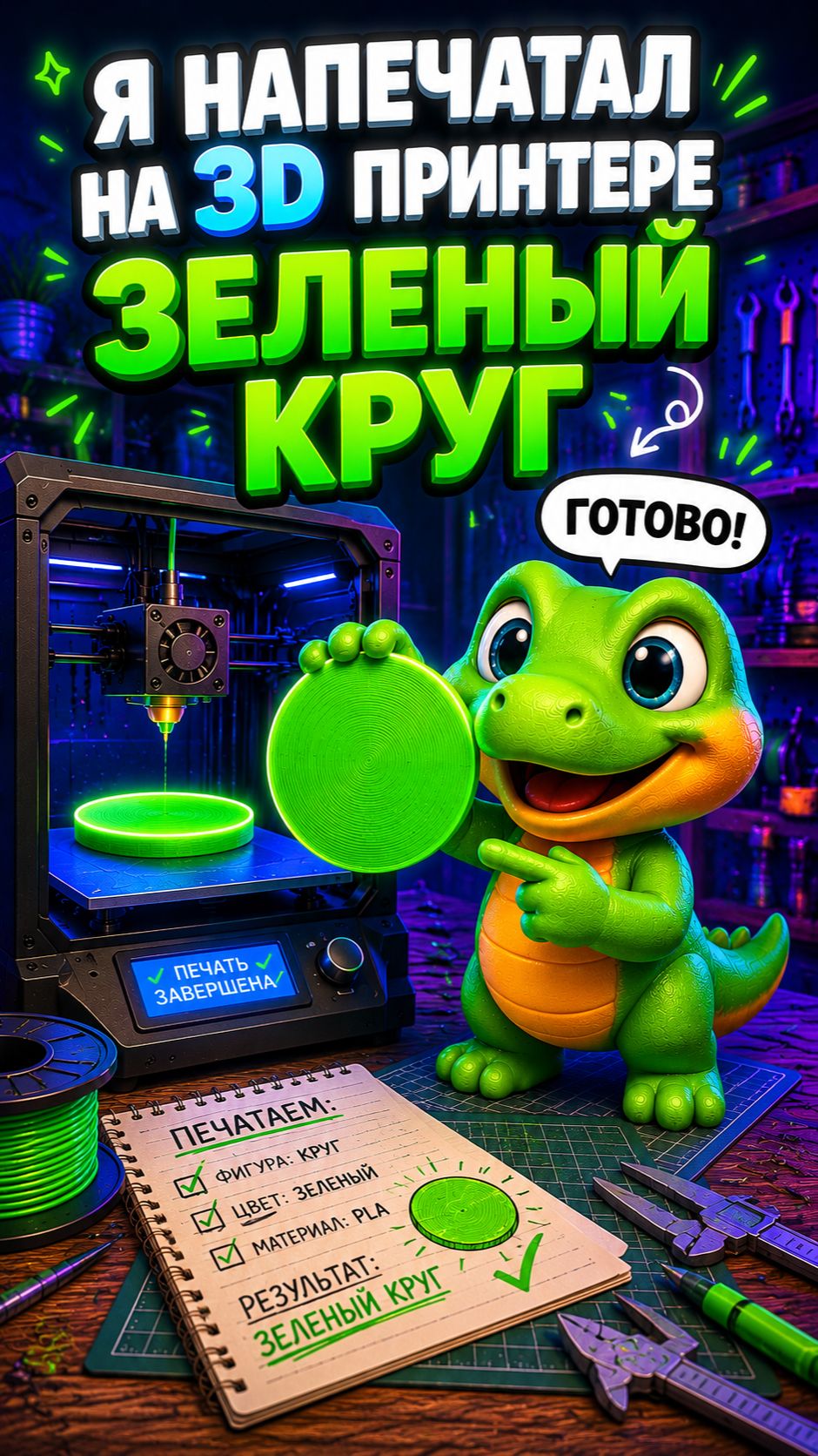 Я напечатал на 3D принтере зеленый круг