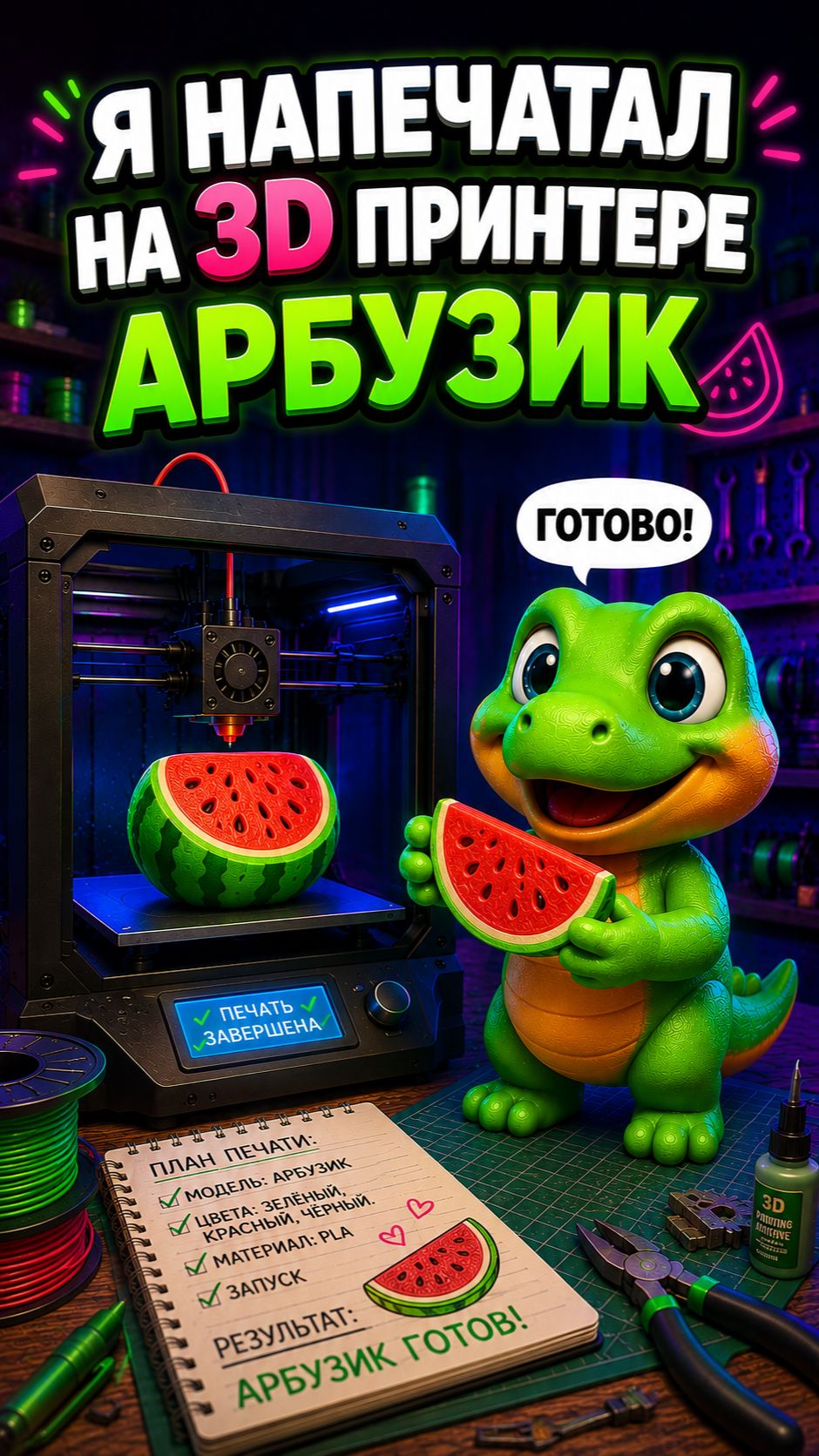 Я напечатал на 3D принтере арбузик