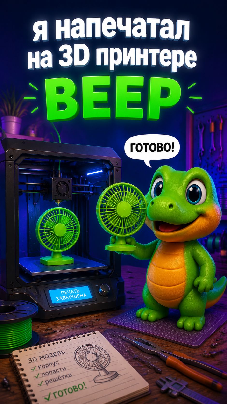Я напечатал на 3D принтере веер