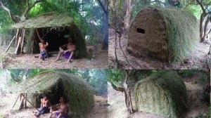 Примитивный инструмент# постройте хижину А-образной формы из травы и грязи.