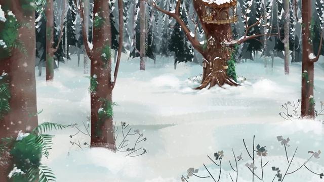 Зимний снежный лес, анимация, домик на дереве Йенса смотреть онлайн