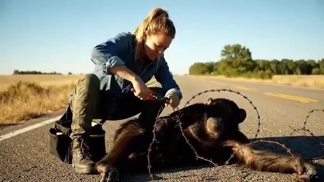 Спасение шимпанзе из клубка дорожных проводов. смотреть онлайн