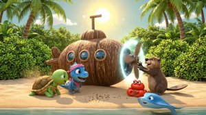 ДИНО, КРАБ И МАЛЫШ： ПОДВОДНАЯ ЛОДКА ИЗ КОКОСА  🐢
