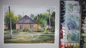 Акварельный пейзаж с деревенскими домиками